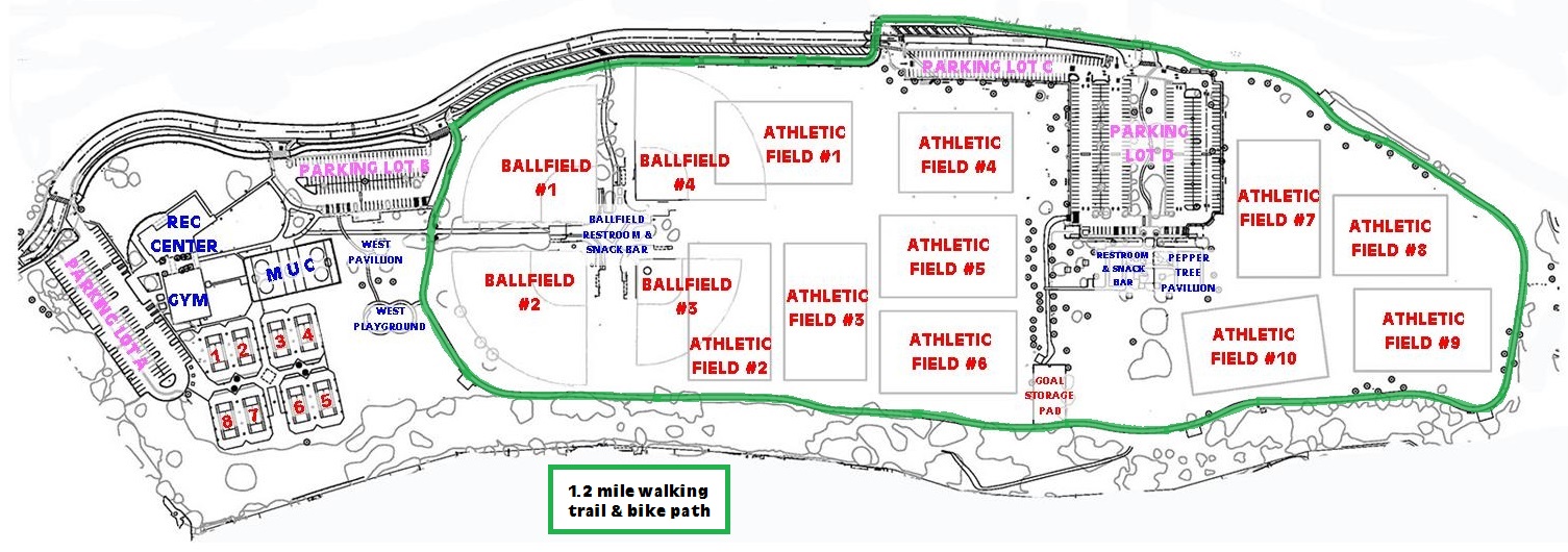 City of Moorpark map of Arroyo Vista Community Park. Athletic Field 4 is below Parking Lot C; Athletic Field 5 is directly below Field 4 and west of Parking Lot D.