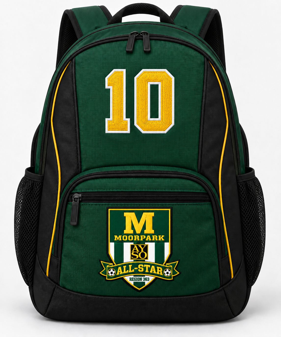 Green and black Moorpark All-Star backpack with gold trim and an illustrative number 10