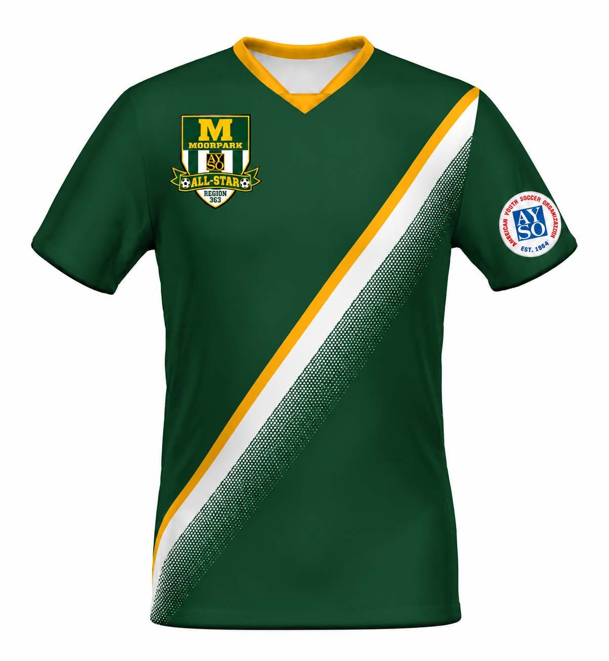 Moorpark All-Star green jersey with gold trim and white diagonal detail